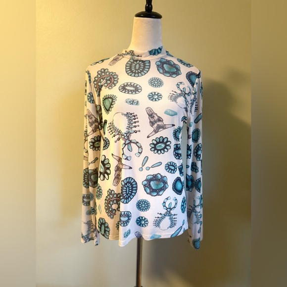 nylon apperal Tops - Western boho cowgirl teal tan sheer long‎ sleeve top medium